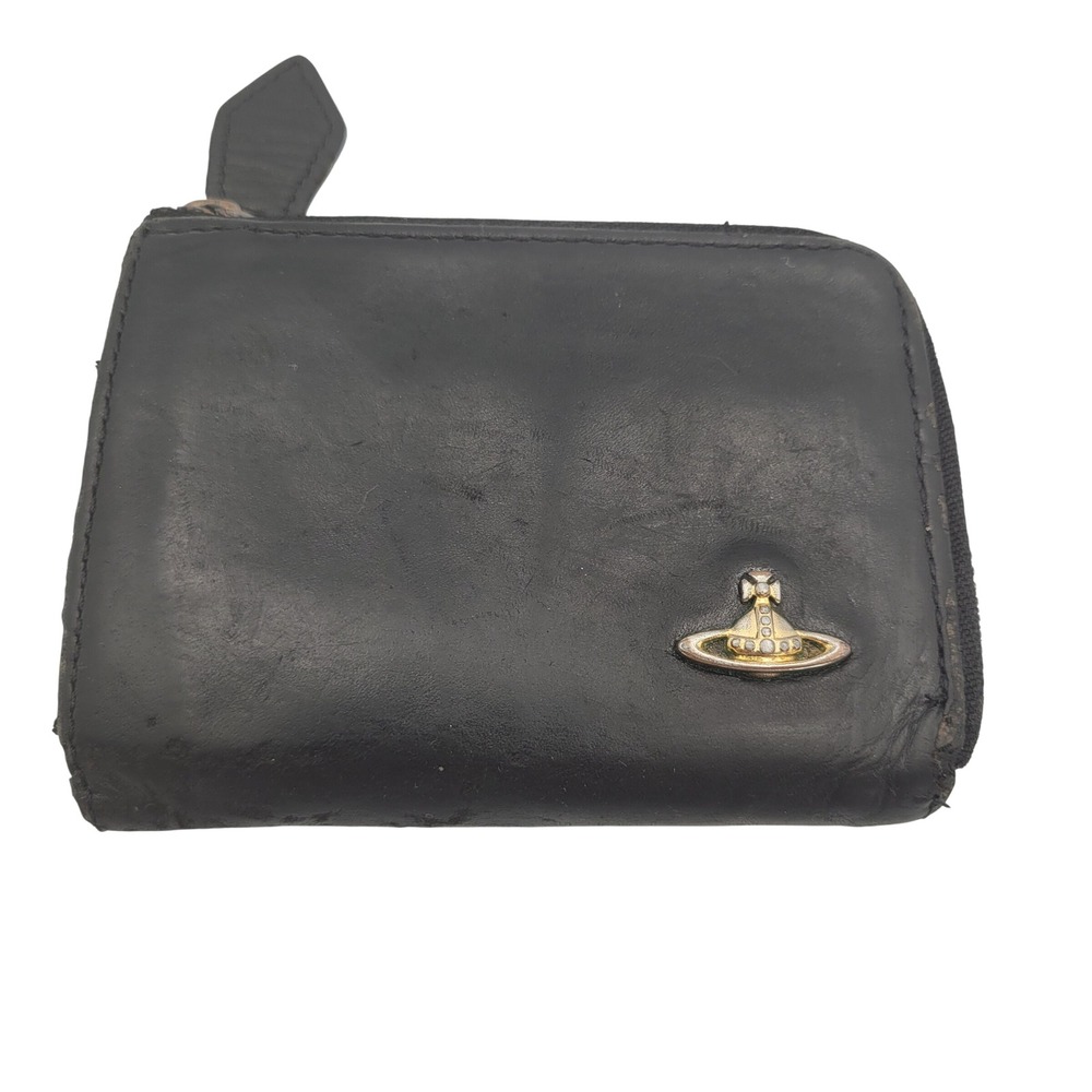 Vivienne Westwood Black Leather Orb Zip Around Wallet Key Ring Coin Purse Small
